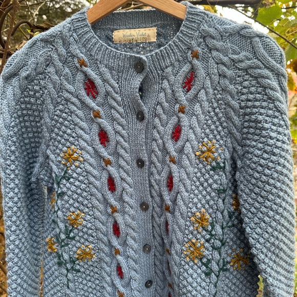 Sweaters - Blue Cable Knit Embroidered Cardigan Sweater